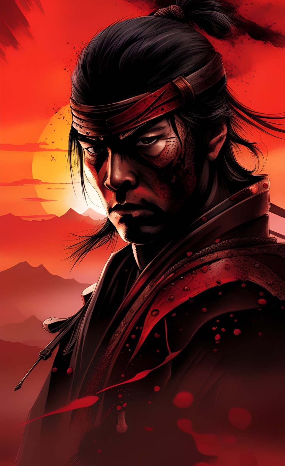 AI generated: A portrait of a samurai, in a Kurosawa Akira anime art style, traditional samurai face paint, grunge...