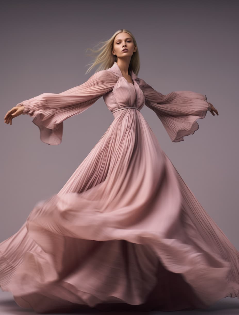 AI generated: a woman in a long dress on the cover of a magazine, dancing elegantly over you, long luxurious light...
