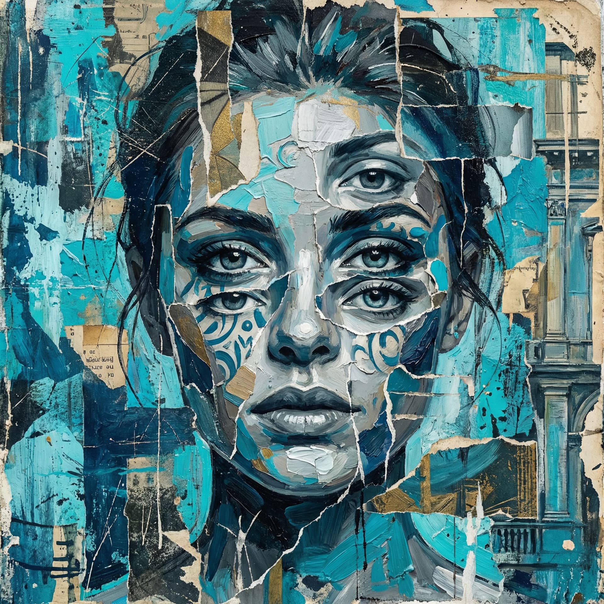 AI generated: print collage of a woman's face, in the style of josef kote, grunge beauty, dain yoon, cyan and blue...
