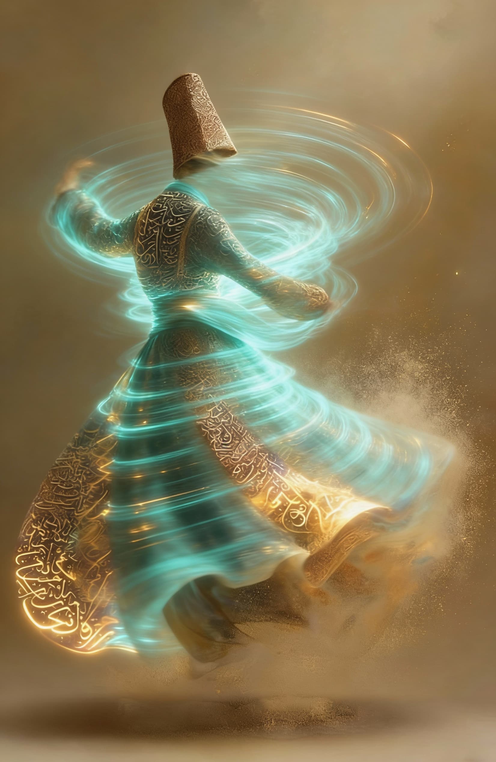 AI generated: A mystical whirling dervish in mid-spin, formed from turquoise     spiraling bands of molten light, ...