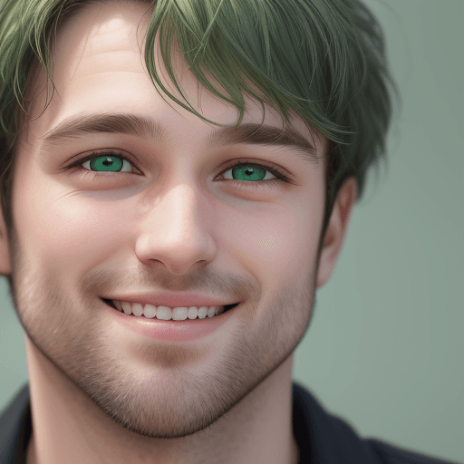 AI generated: Close-up photograph of a 30-year-old man (highly detailed face: 1.4) (smile: 0.7) (green color: 1.3)...