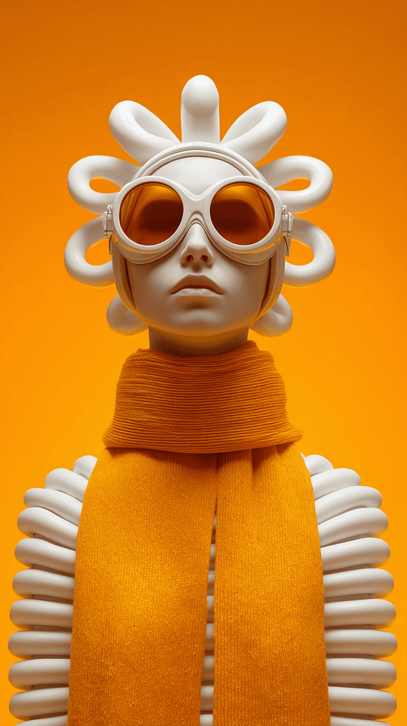 AI generated: avant-garde fashion photography, surreal mascot character constructed from stacked, inflated white v...