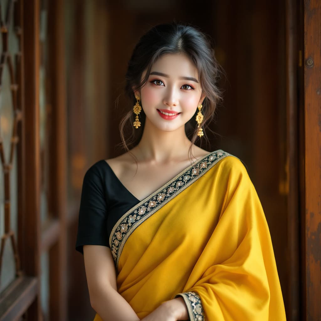 AI generated: Beautiful Korean girl wearing yellow saree 