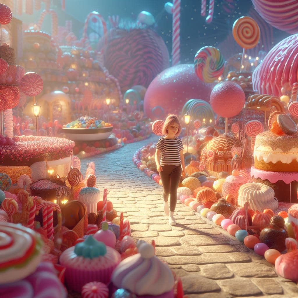 AI generated: a fantasy world made only of sweets,cakes,chocolates,candies,lollies,very detailed,photorealistic,dy...