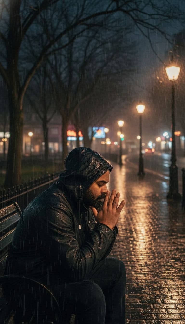AI generated: A solitary man sitting on a park bench at night during rainy weather, wearing a hooded jacket  with ...