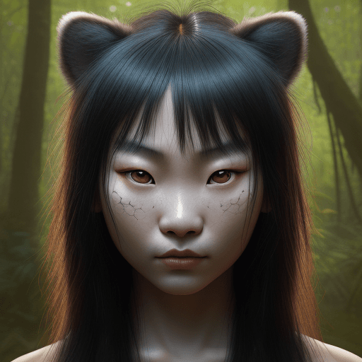 AI generated: Surreal photo, Chinese girl with human face and body of wild jaguar, close-up, nature photography st...
