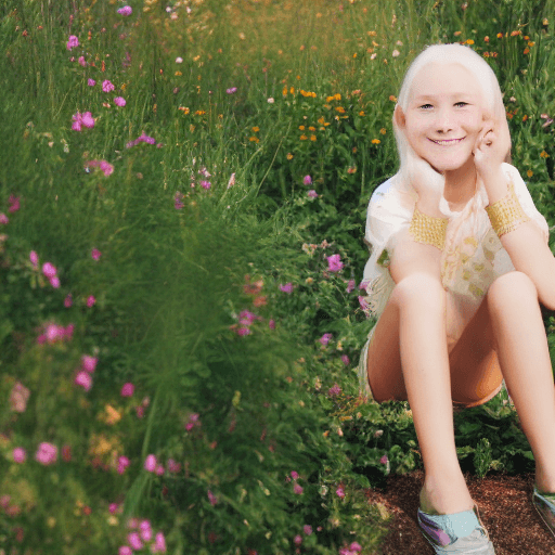 AI generated: Happy, gold haired, girl, 10 years old, sit, garden