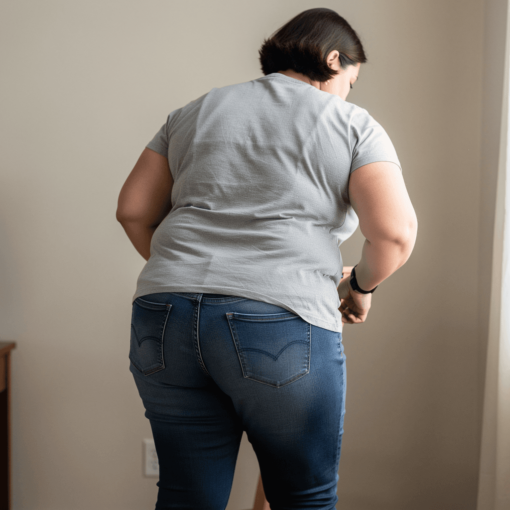 AI generated: a chubby woman in her 40s turned away bent over showing her bare naked bottom
