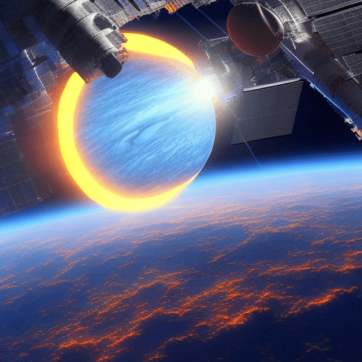 AI generated: hyper realistic space station | planet in the background | light coming from one side | blue and ora...