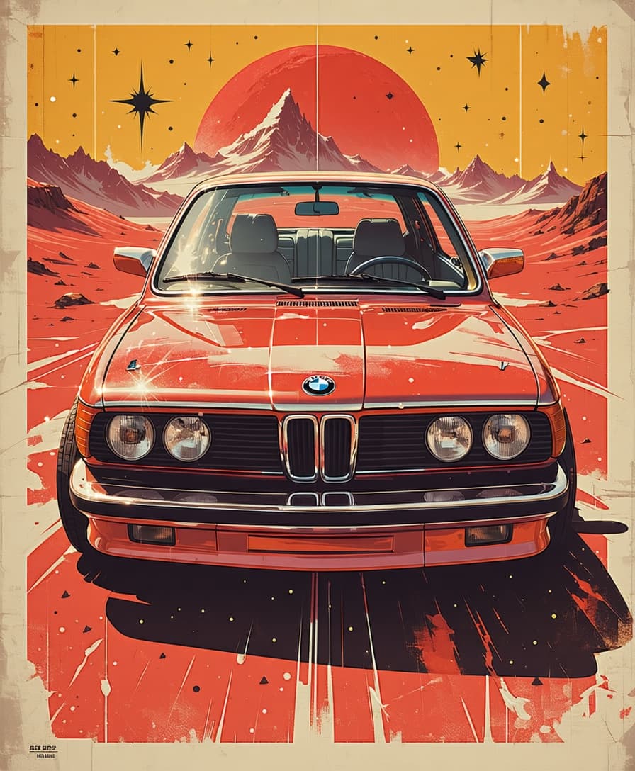 AI generated: Comic book illustration of a BMW, in the style of Alex Ross,a comic book art style is flying over th...