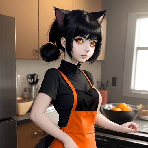 AI generated: Anime cat girl.
Black hair with orange eyes.
Black leggings and a black shirt, with a small grey-ish...