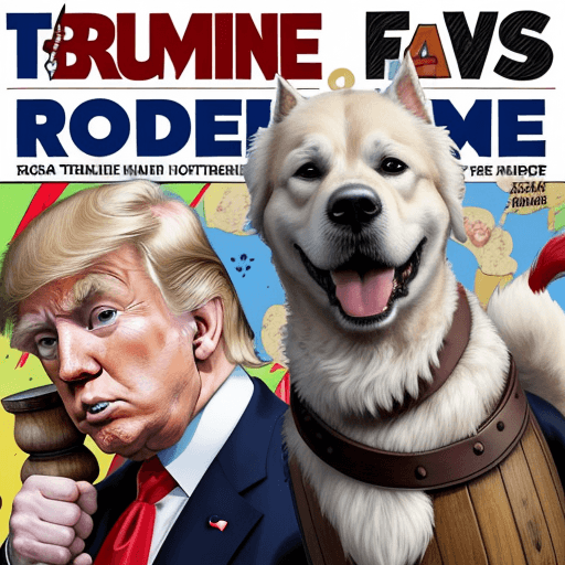 AI generated: Comic Painting of Joe Biden has Donald Trump on a dog lash in front of him with a rum barrel around ...