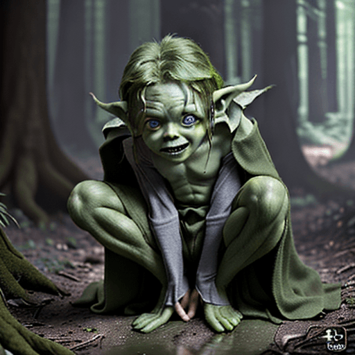 AI generated: a cute little shy green goblin with very big feet in a forest, cinematic light, 4k, photorealistic, ...