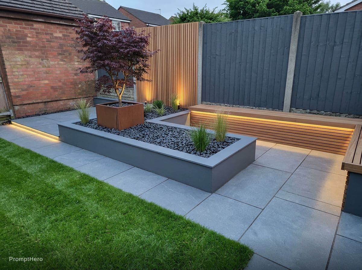 AI generated: Redesign this garden with a modern style, clean lines, green lawn, minimal plants, stone paths, and ...