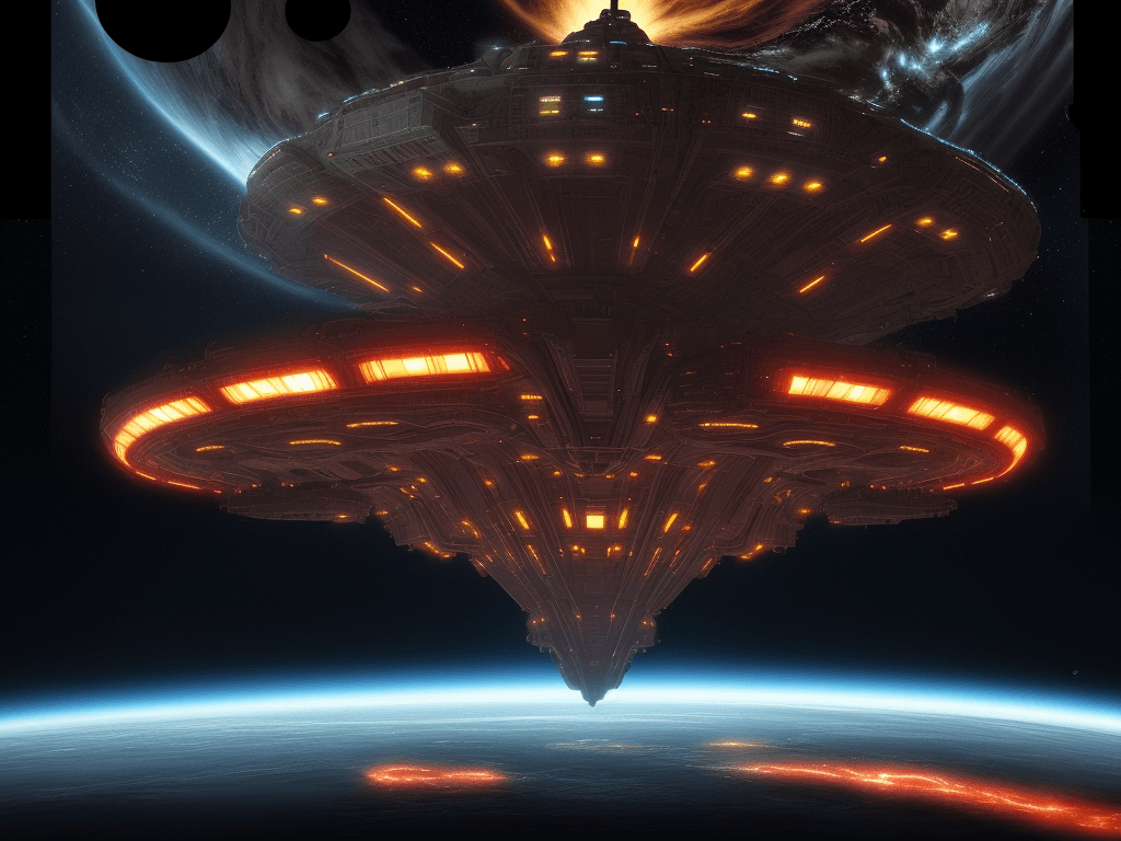AI generated: Sublime epic cinematic view. The most giant complex mothership spaceship, with flickering warning li...