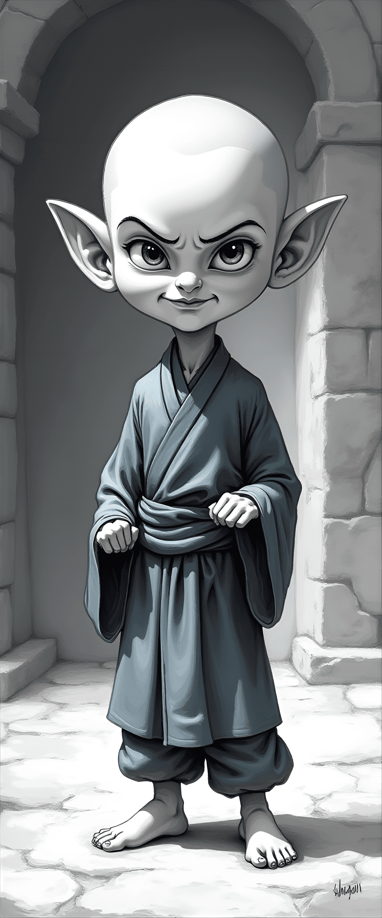 AI generated: funny caricature, mischievous young monk caricature, young asian male, 12 years old, shaved head, bi...