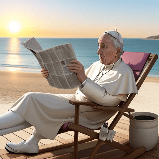 AI generated: The pope reading a newspaper in a deckchair on the beatch, sunset