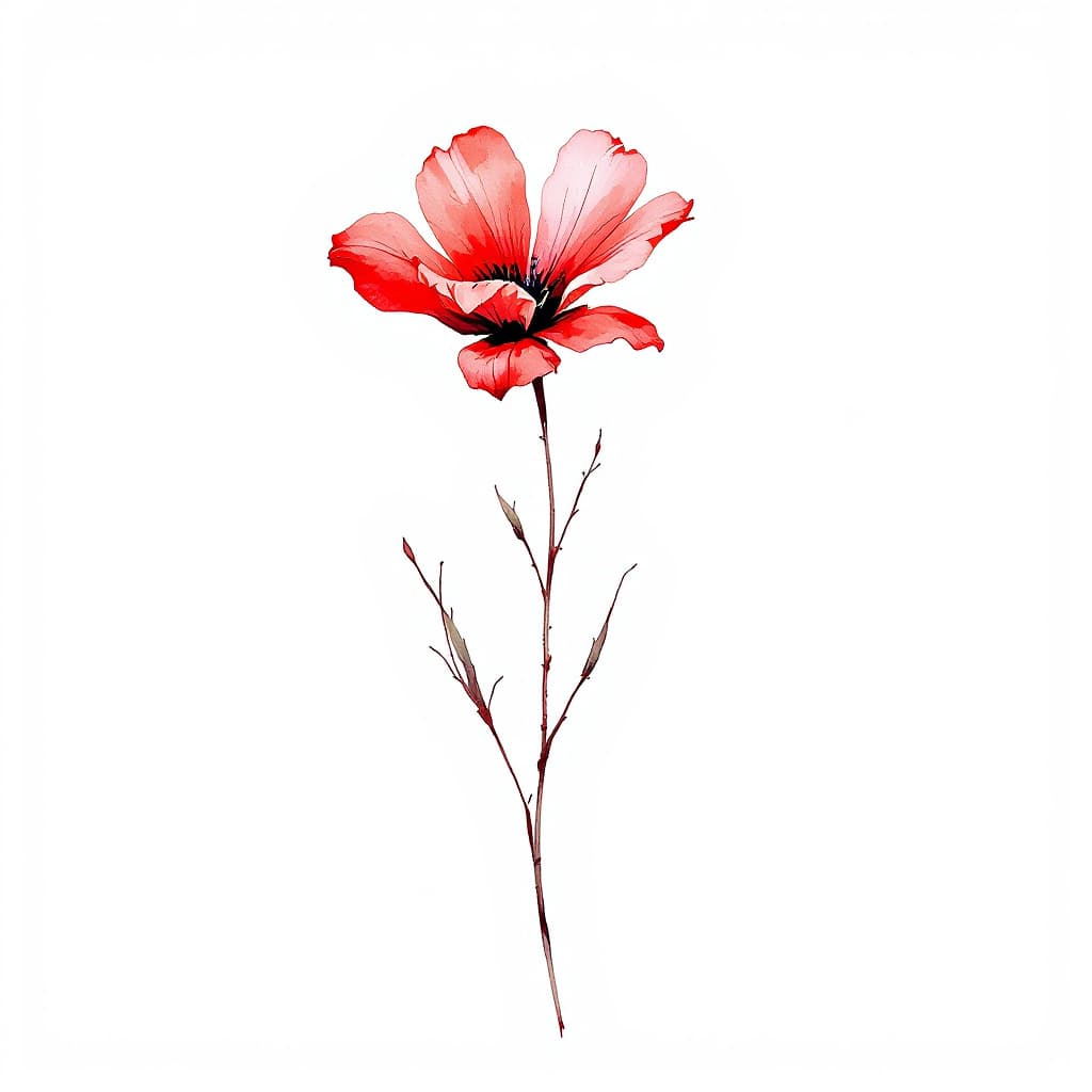 AI generated: illustration. Single red wild flower on a white background, simple, watercolour, hand drawing, --ar ...