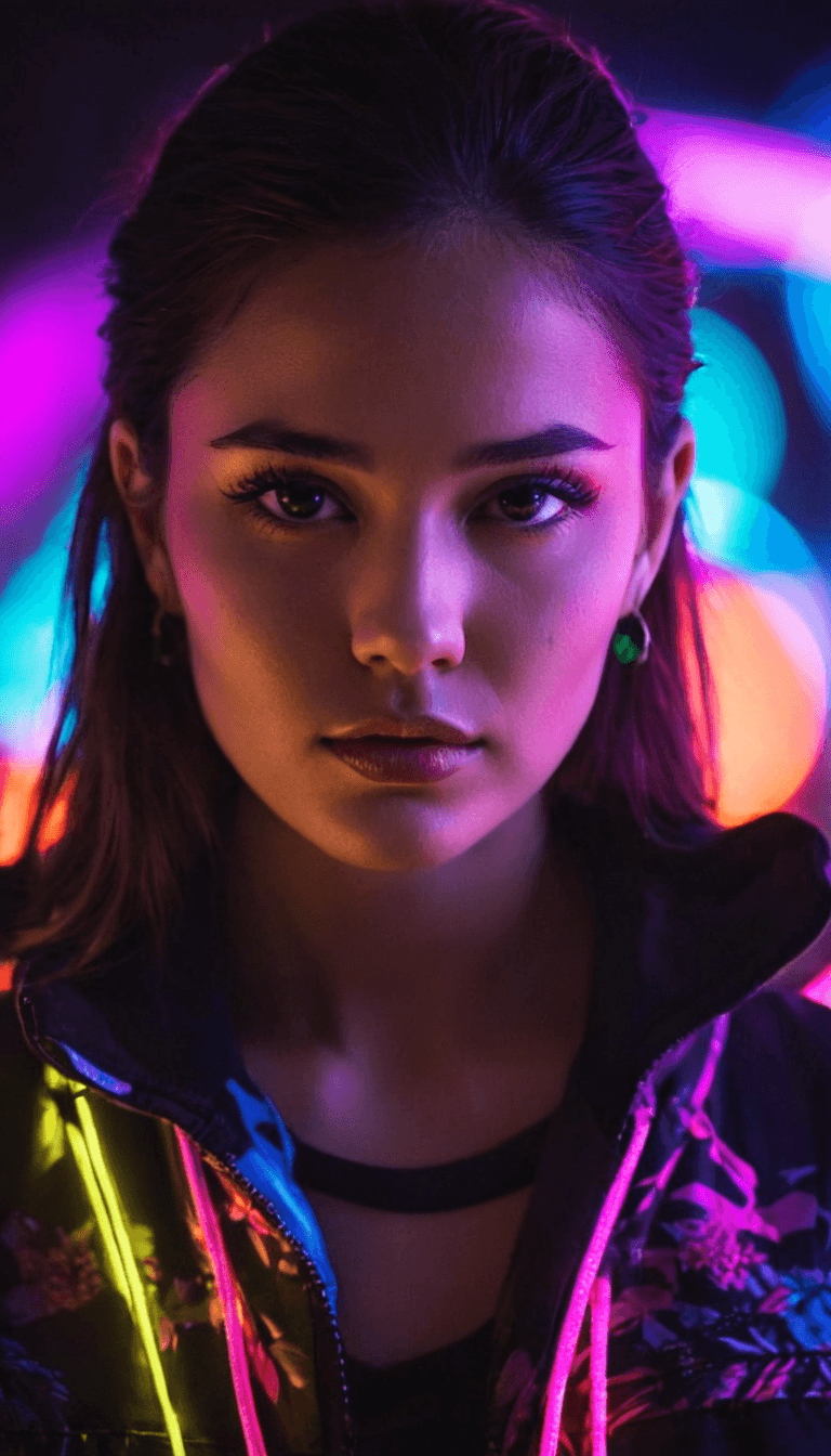 AI generated: digital art, rave fashion editorial, a beautiful woman in studio neon lights, fashion, highres, real...