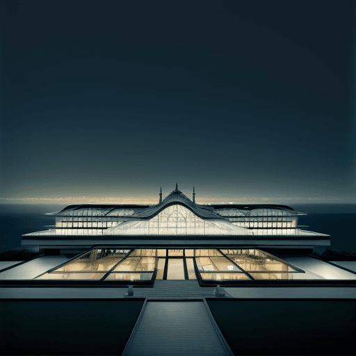 AI generated: Hyper realistic eye level exterior photo of a crystal palace overlooking the ocean, night, glowing i...