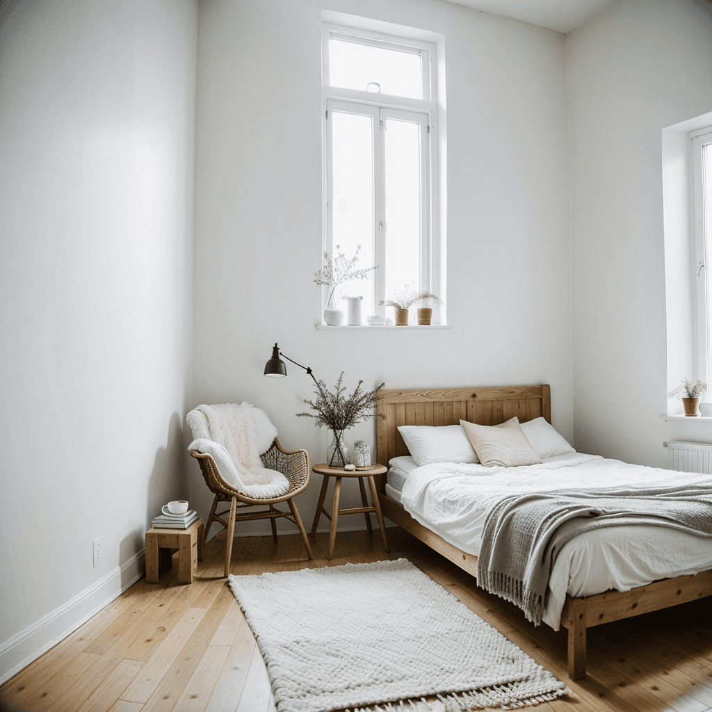 AI generated: high resolution photography, interior design, scandinavian style, white style, bedroom with cotton t...