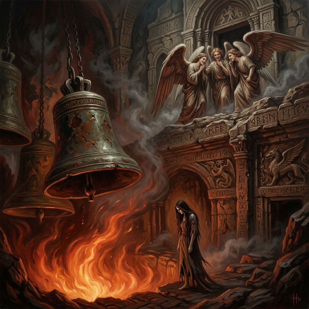 AI generated: ceased are the bells in the eternal flame, the sirenic afterthought of perished hope, as archangels ...