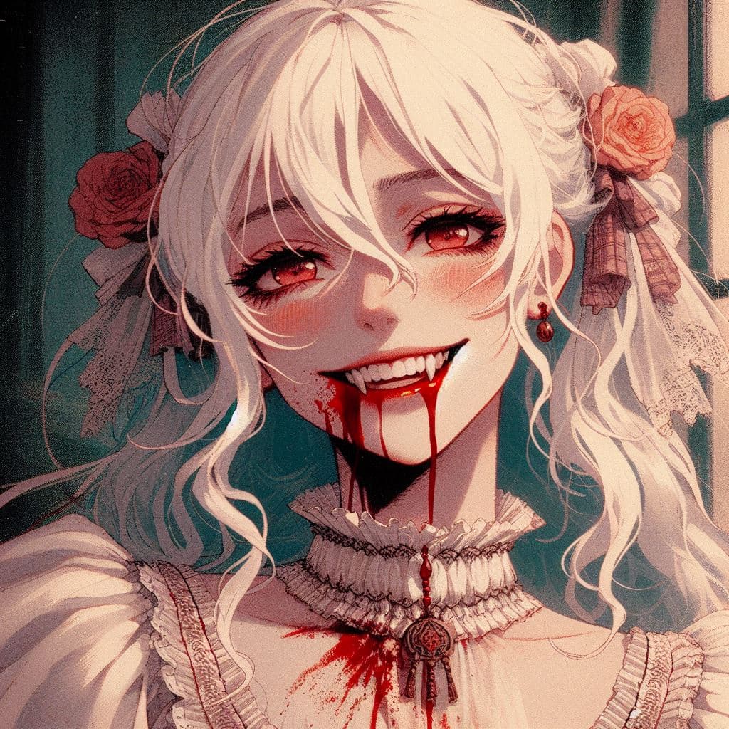 AI generated:  Vampire girl with white hair, blood on her lips, smiling, wearing a dress form eighteen century, a ...