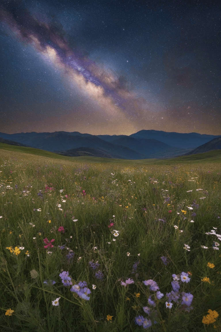 AI generated: A field of wildflowers at night, stunning colorful milkyway shines at an angle across the clear star...