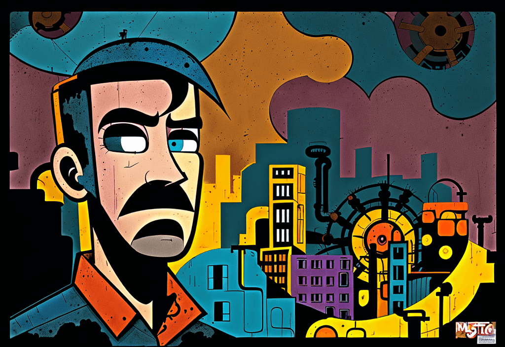 AI generated: cartoon with a colorful face surrounded by a city, in the style of tim doyle, industrial forms, pack...