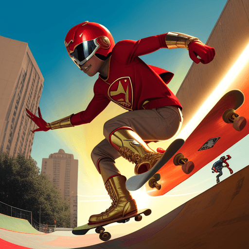 AI generated: 

Panel 5 
a red suited superhero, brown skin boy with a power ranger helmet baseball cap backwards,...