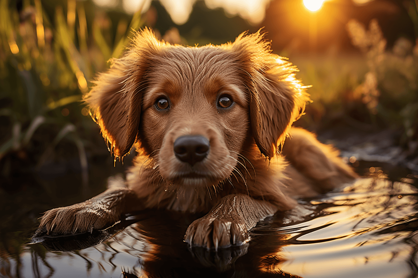 AI generated: Cute dog, Breathtaking summer landscape scene. Close up, sun rays, reflections. Immerse yourself in ...