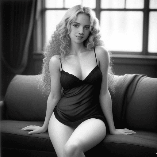 AI generated: Whole body photo of a gorgeous blonde lady wearing skimpy nighties on the sofa, curly long hair, sed...