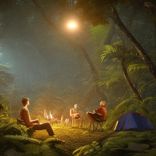 AI generated: Campsite at night, with a few scientific explorers resting, and relaxing in a dense jungle on an ali...