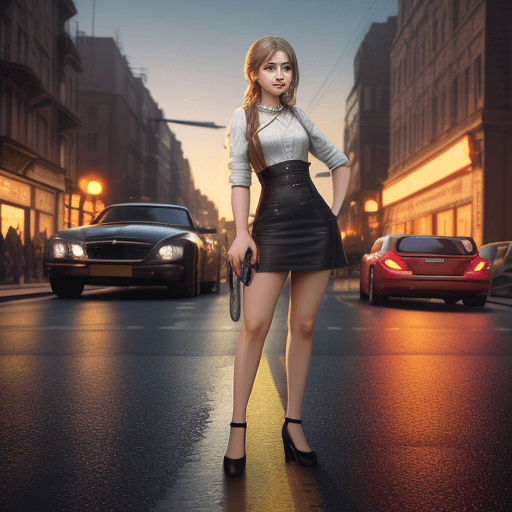 AI generated: photo of a real girl, beautiful, possing in a jam street, cars, traffic lights, realistic, 4K