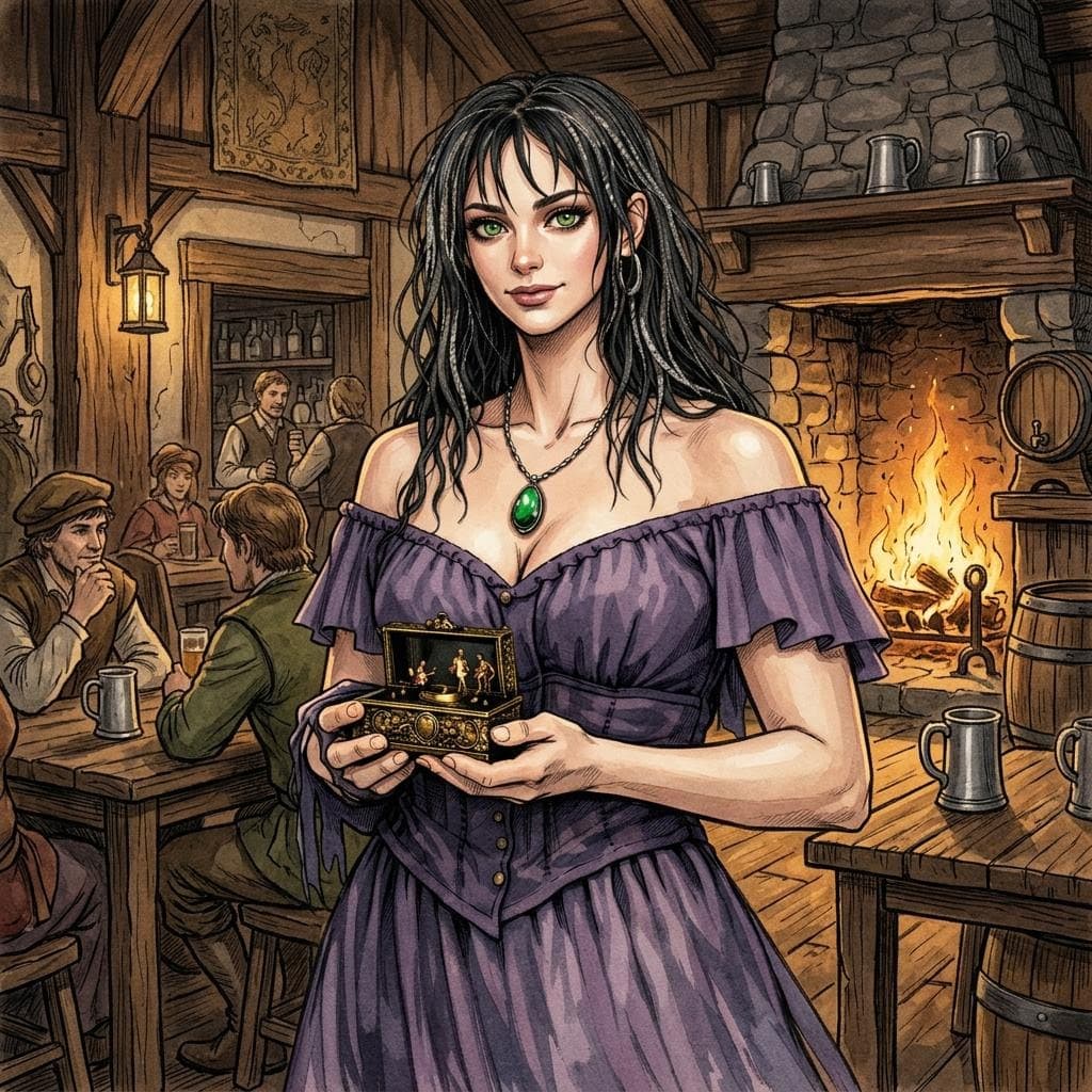 AI generated: beautiful young woman with a music box, radiant skin, medieval tavern background