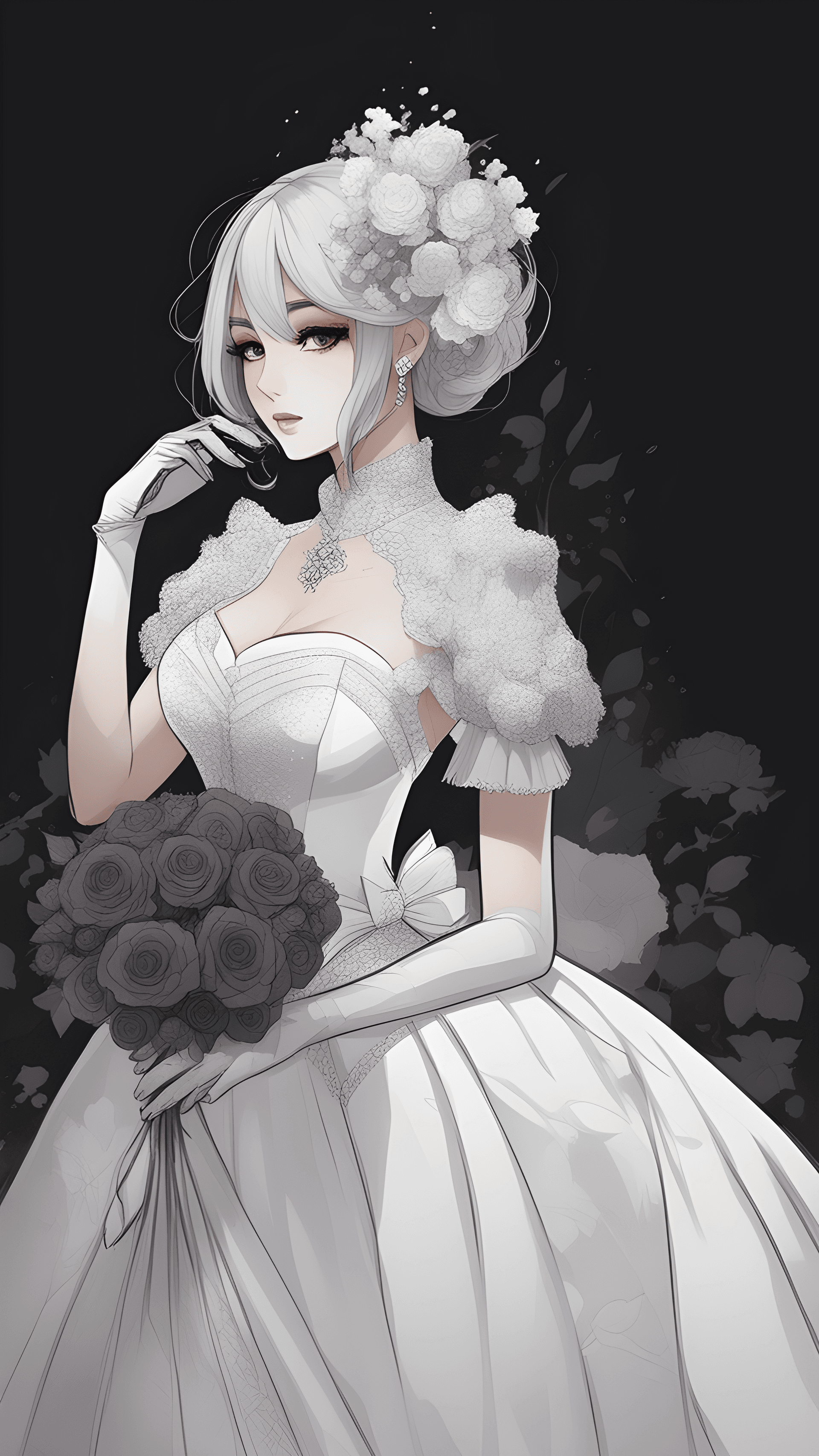 AI generated: a woman in a wedding dress holding a flower, an anime drawing, tumblr, gothic art, with a white muzz...