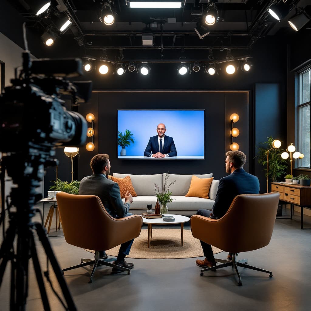 AI generated: the presenter with the guest on the sofa facing the camera, a spacious TV studio with a frontal view...