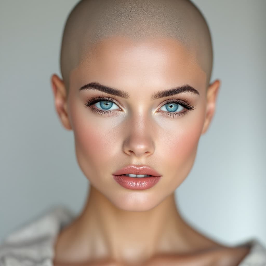 AI generated: beautiful girl, glamour, skin head, blue eyes, 