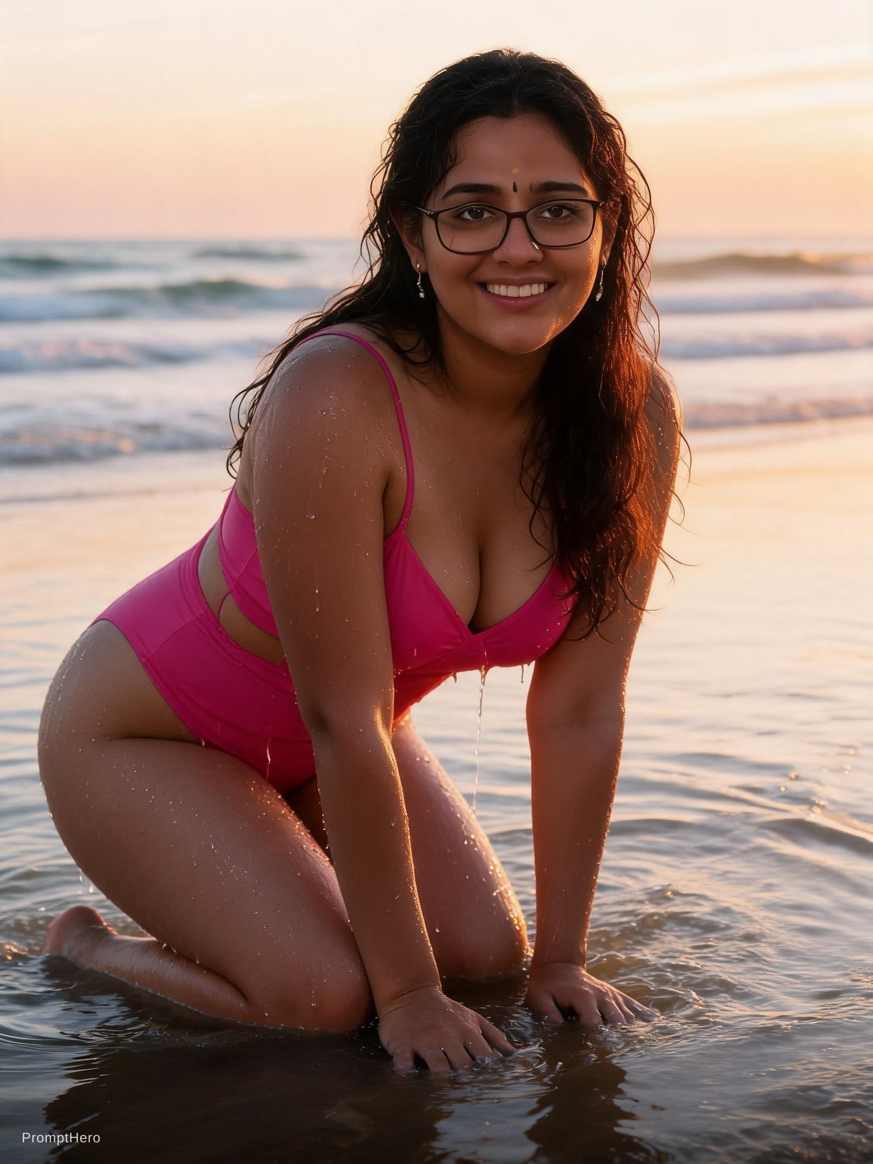 AI generated: A cinematic, photorealistic full-body portrait of a woman kneeling in shallow ocean water at golden ...
