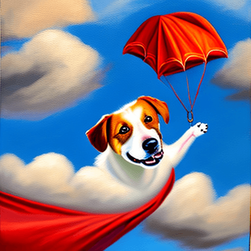 AI generated: Falling happy dog attached to a red parachute amidst sunny clouds.
Style: oil painting
