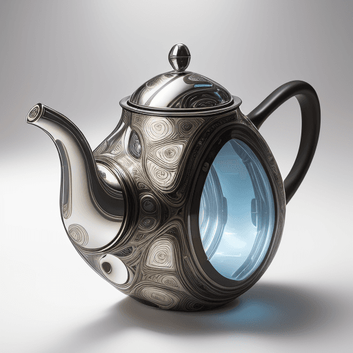 AI generated: "In the heart of a futuristic setting, an astonishing hiperrealistic teapot takes center stage, its ...