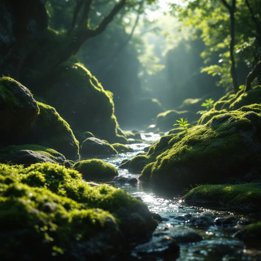 AI generated: 11.	"Moss-covered rocks under dappled sunlight, cinematic realism, 3D"
