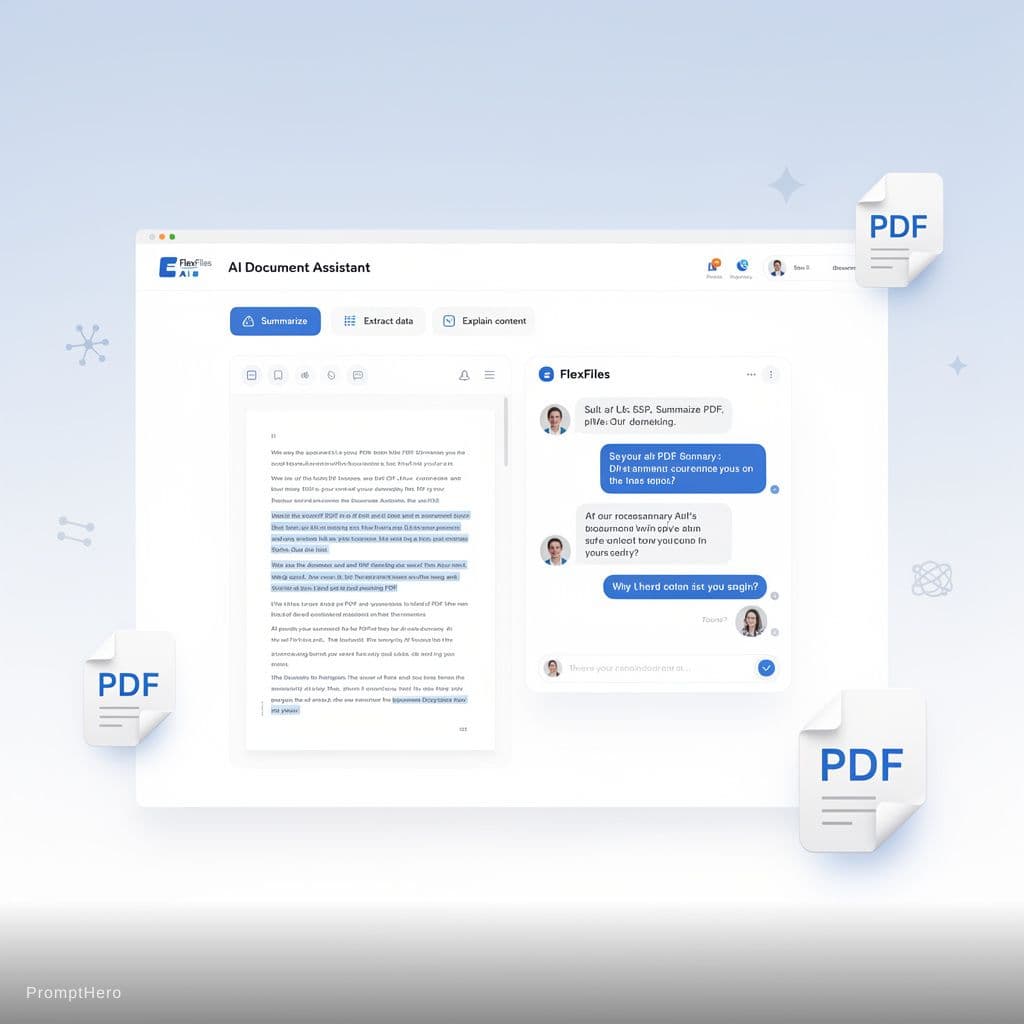 AI generated: "Modern SaaS hero image for an AI Document Assistant page at https://flexfiles.io/en/ai-document-ass...