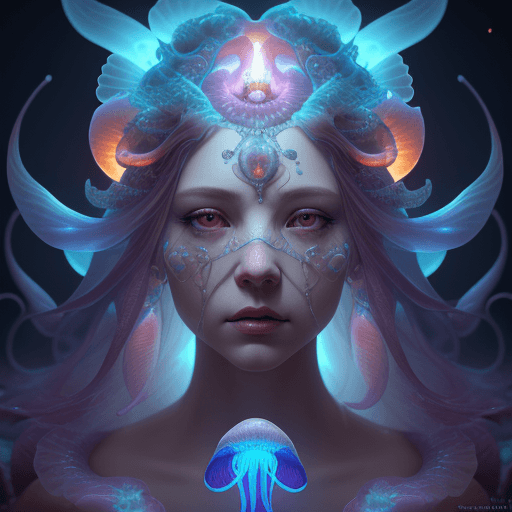 AI generated: Goddess close-up portrait ribcagel. jellyfish phoenix head, nautilus, orchid, skull, betta fish, bio...