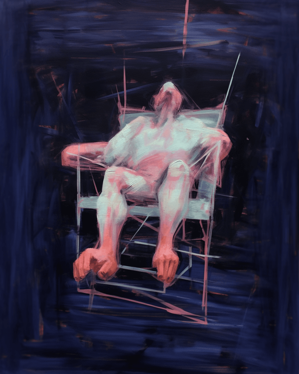 AI generated: painting of man in horrible pain sittnig in a electric chair and ::crying, in the style of Francis B...