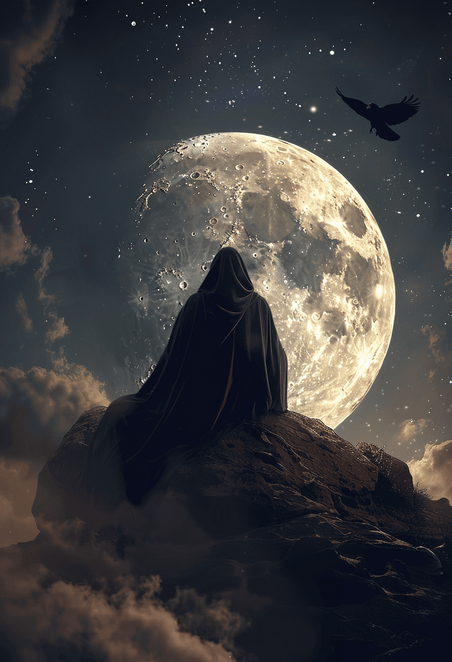AI generated: A cloaked figure sits atop the moon, surrounded by stars and shadows, with a raven flying nearby in ...