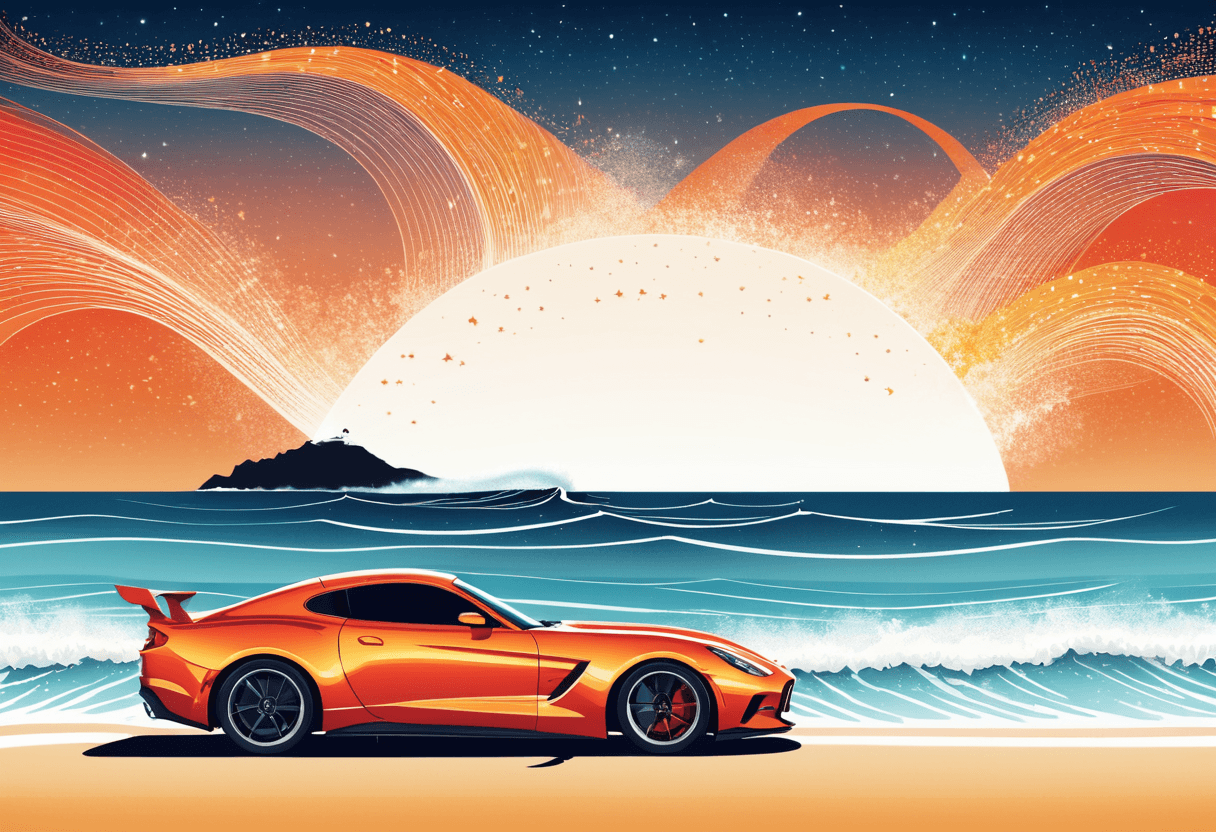 AI generated: surrealism art by Tang Yau Hoong and (Artgerm:1.2) , Drawing, stylized, medium shot of a (fast car s...