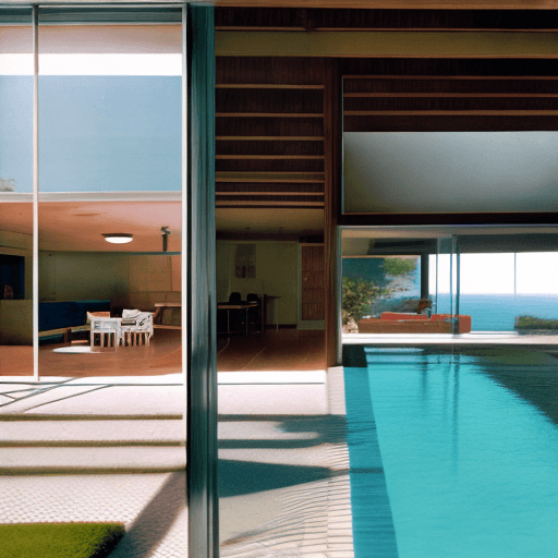AI generated: Hyper realistic eye level exterior photo of a mid century modern style house overlooking the ocean, ...