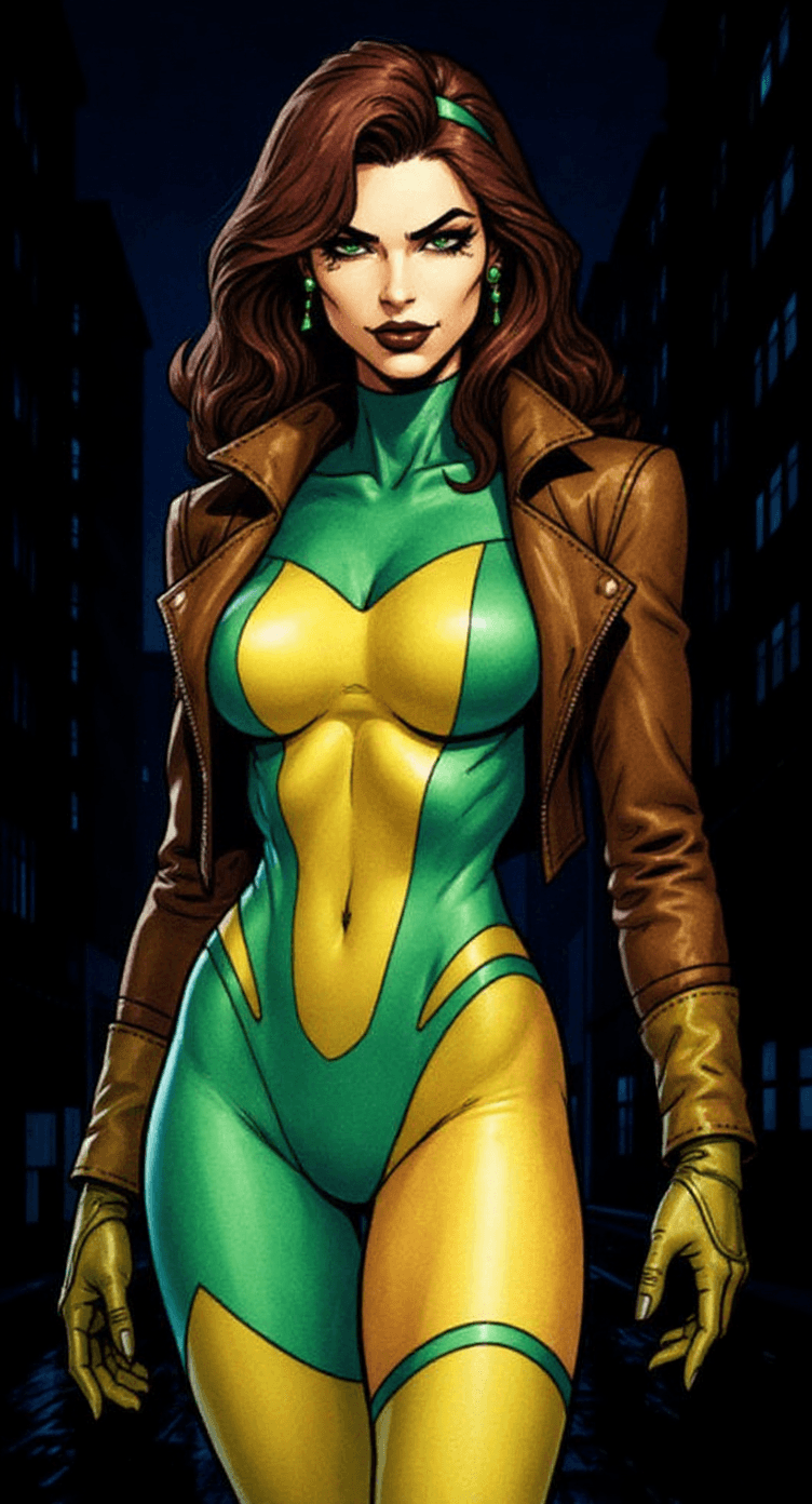 AI generated: The image features a character with striking features in a stylish superhero outfit. She has long, w...