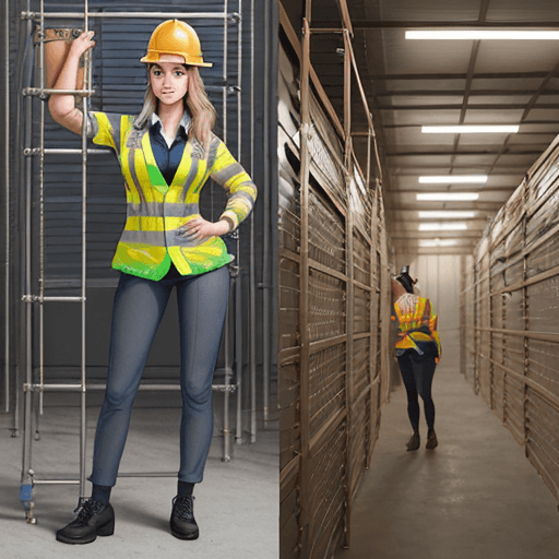 AI generated: Illustration of a Woman in a Scaffolding Storage:
The second image is a highly detailed and photorea...